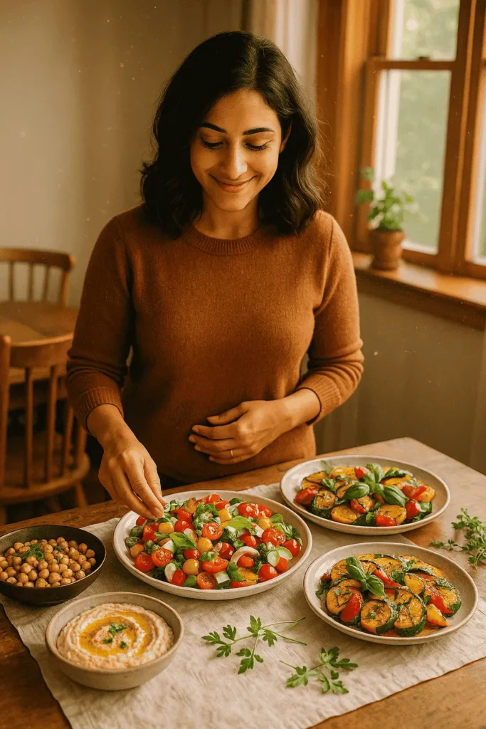 A woman in a brown sweater smiles as she garnishes a vibrant tomato and basil salad, surrounded by plates of roasted vegetables, chickpeas, and hummus on a rustic wooden table.