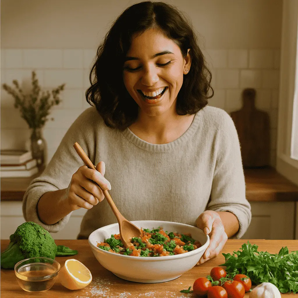 A cheerful woman stirs a bowl of fresh couscous salad with parsley and tomatoes in a cozy kitchen, surrounded by fresh vegetables and lemon.

