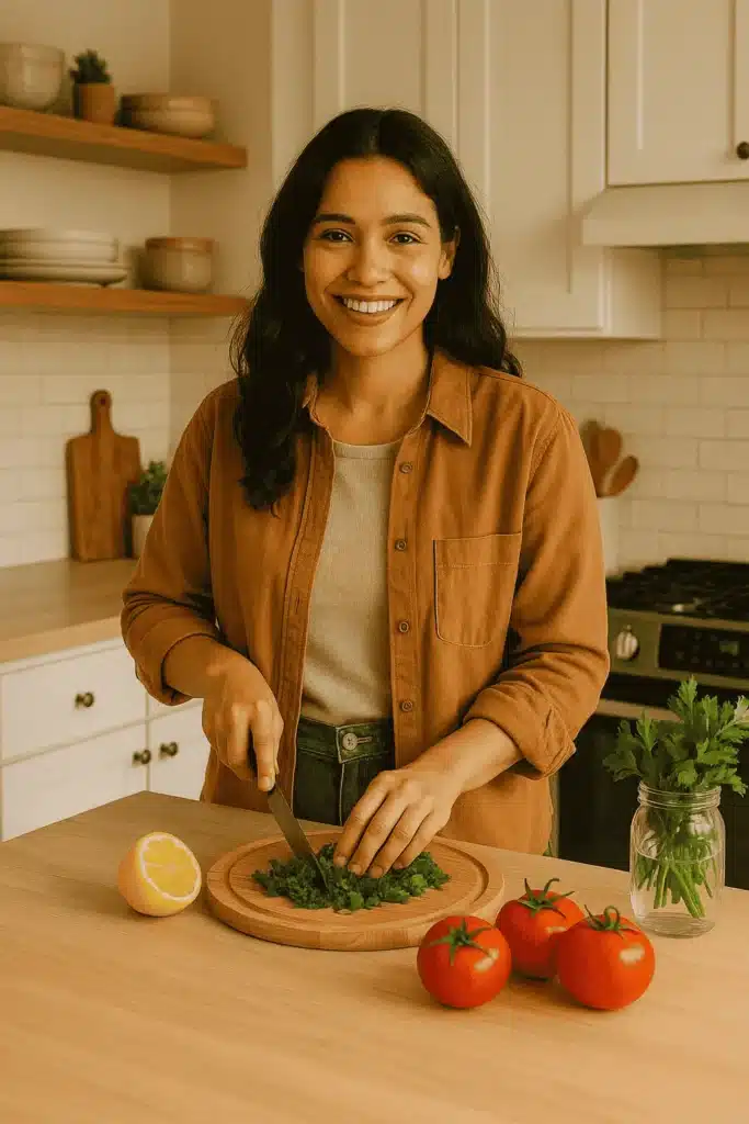 About me 1 A smiling woman chopping fresh herbs on a wooden cutting board in a cozy kitchen, with tomatoes, lemon, and parsley nearby.