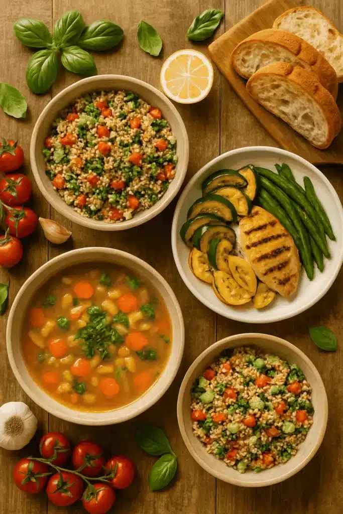 About me 2 A colorful spread of healthy dishes including grilled chicken with vegetables, vegetable soup, grain salad, fresh tomatoes, garlic, basil, lemon, and sliced bread on a wooden table.