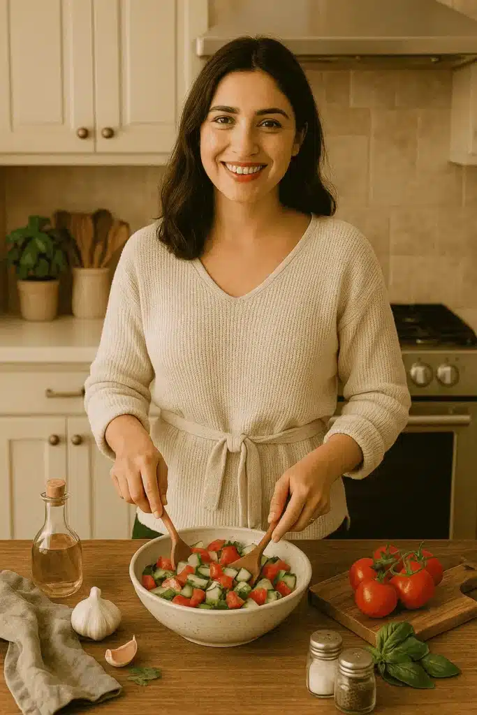 About me 3 A smiling woman mixing a fresh cucumber and tomato salad in a bright kitchen, surrounded by ingredients like garlic, basil, and vinegar.
