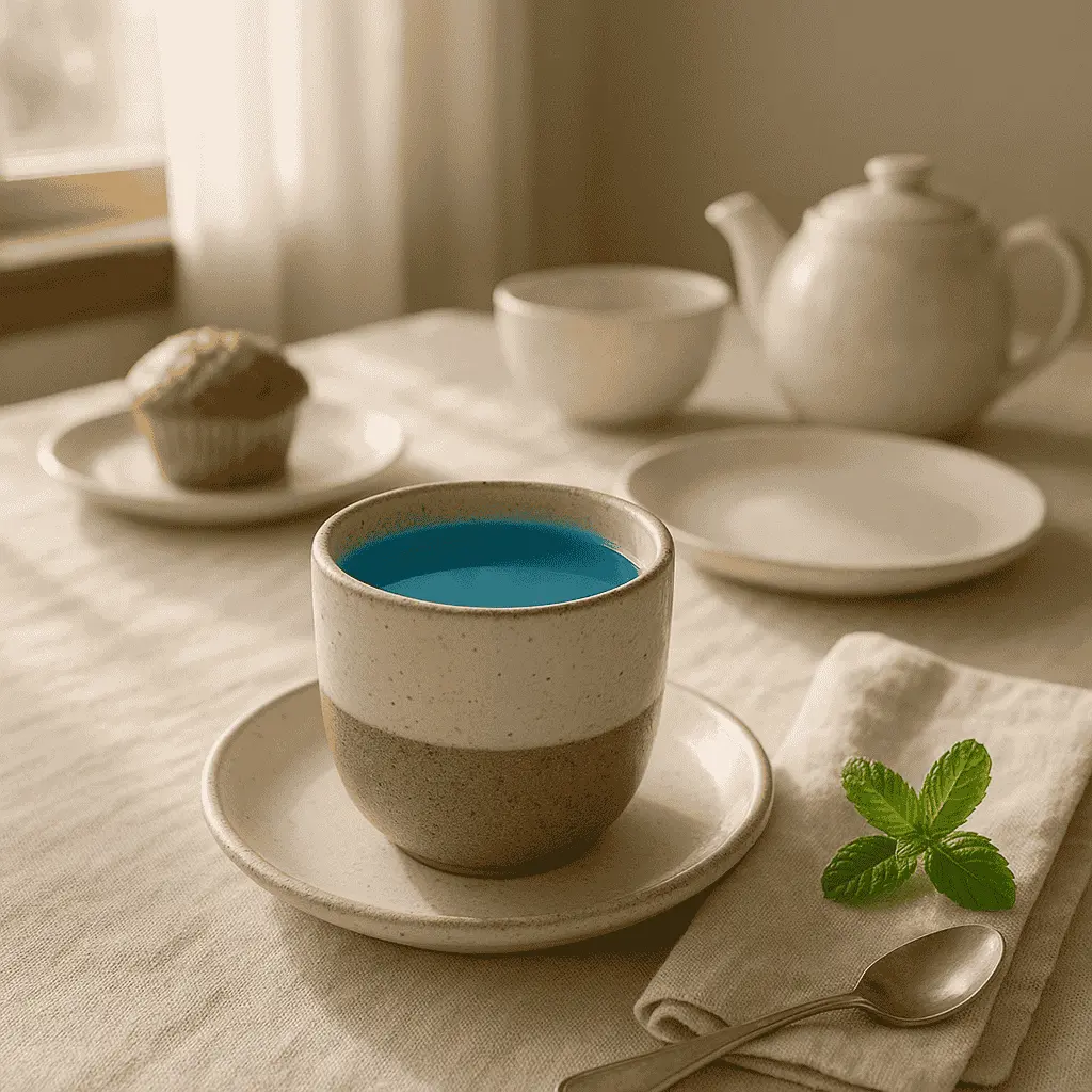 Blue Salt Trick Recipe for Energy, Circulation, and Daily Wellness 20 Blue salt drink served in a ceramic cup on breakfast table