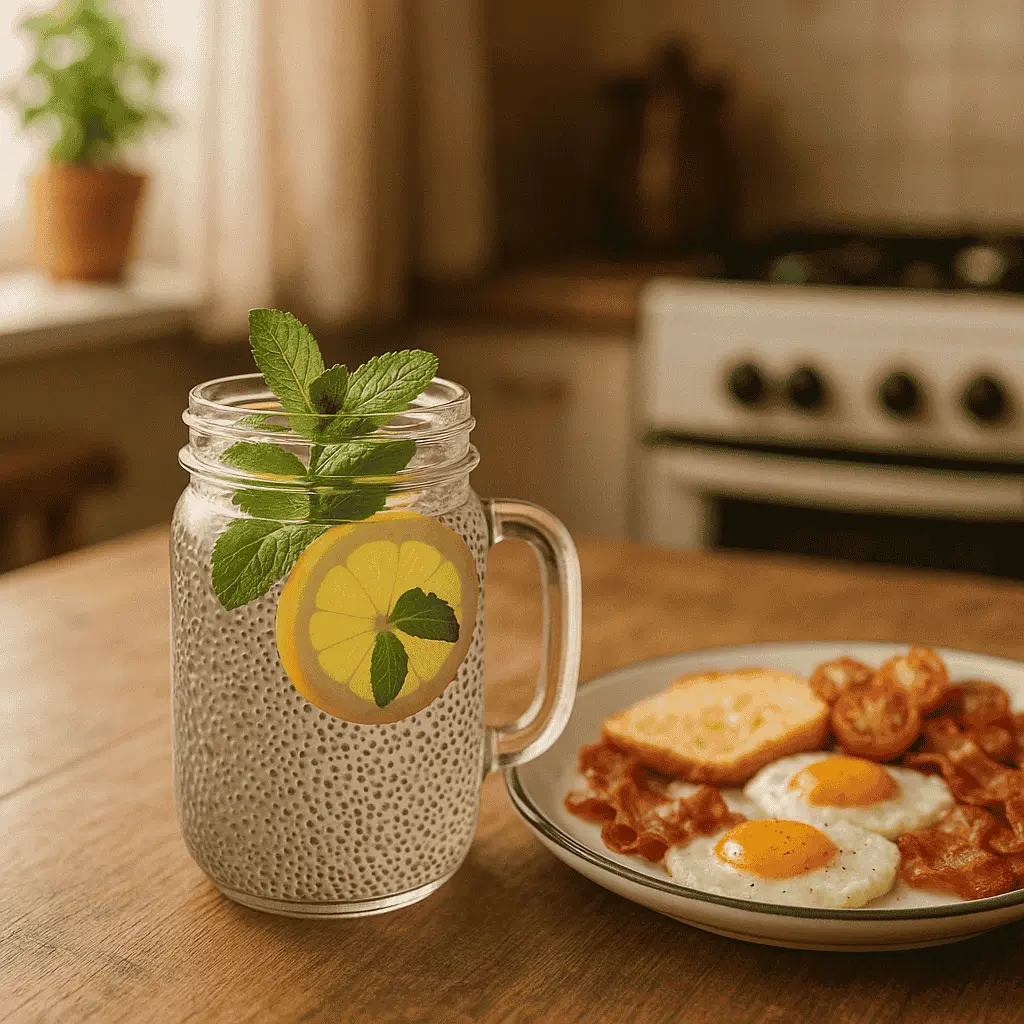 Chia Seed Water That Works: Easy Recipe and Proven Benefits 16 Mason jar chia seed water served with breakfast
