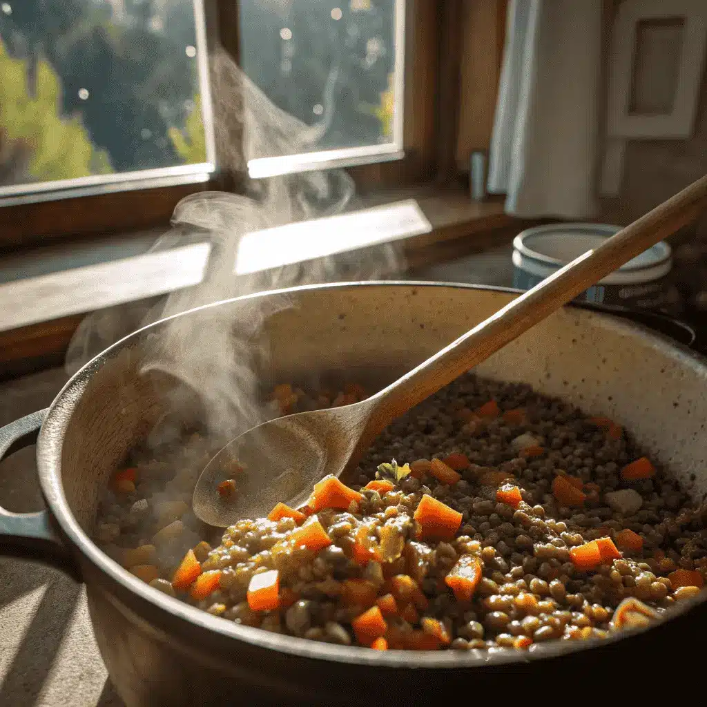 High Fiber Recipes That Actually Taste Amazing 8 Cooking lentils and vegetables in a rustic pot