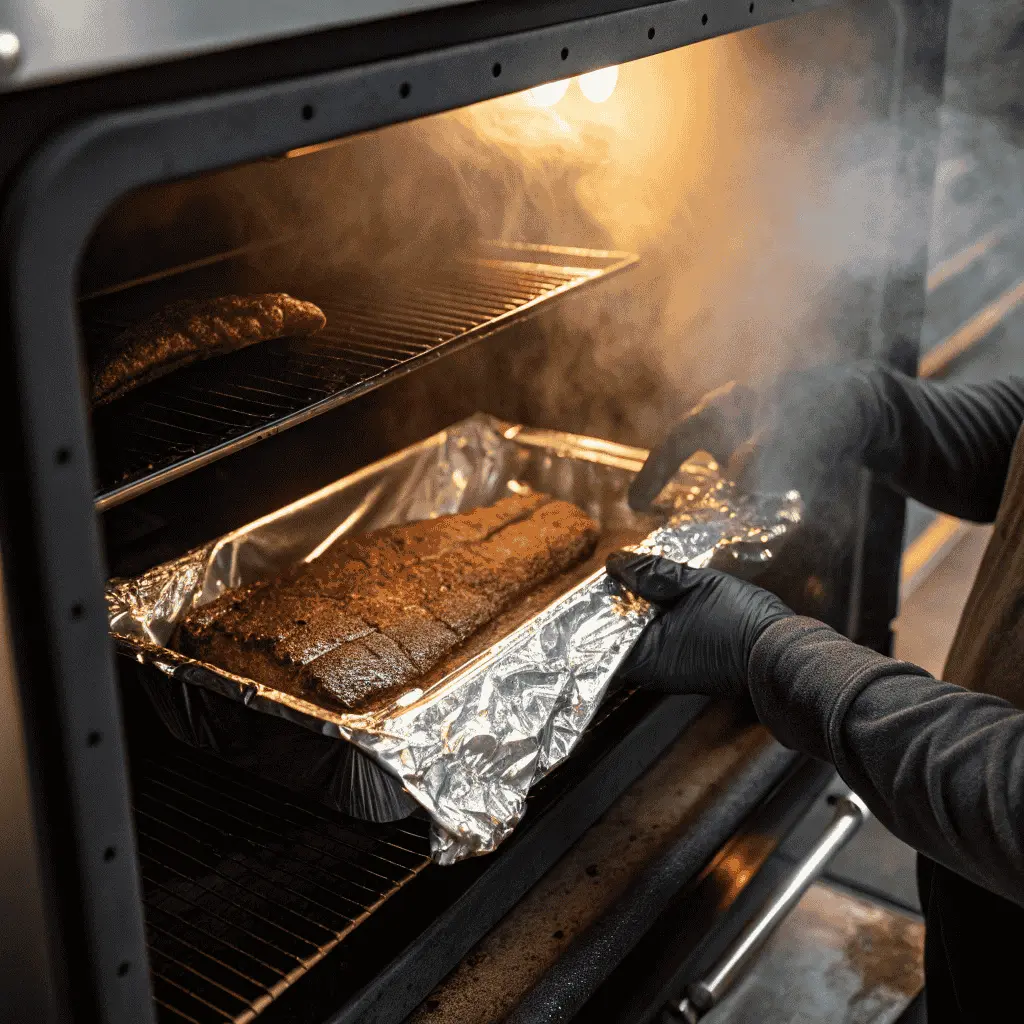 How To Smoke Ribs Recipe Smoker-Style Without Drying Them Out 10 Ribs wrapped in foil inside smoker during 3:2:1 phase