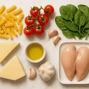 Fusilli Pasta : Simple, Delicious, and Full of Comfort 16 Fusilli pasta ingredients on counter