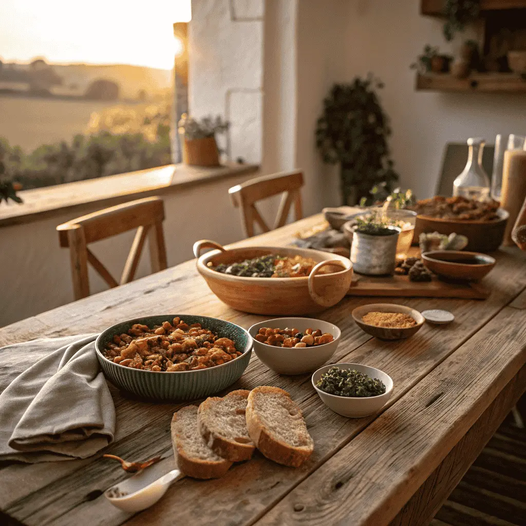 Mediterranean table with high fiber recipes in natural light