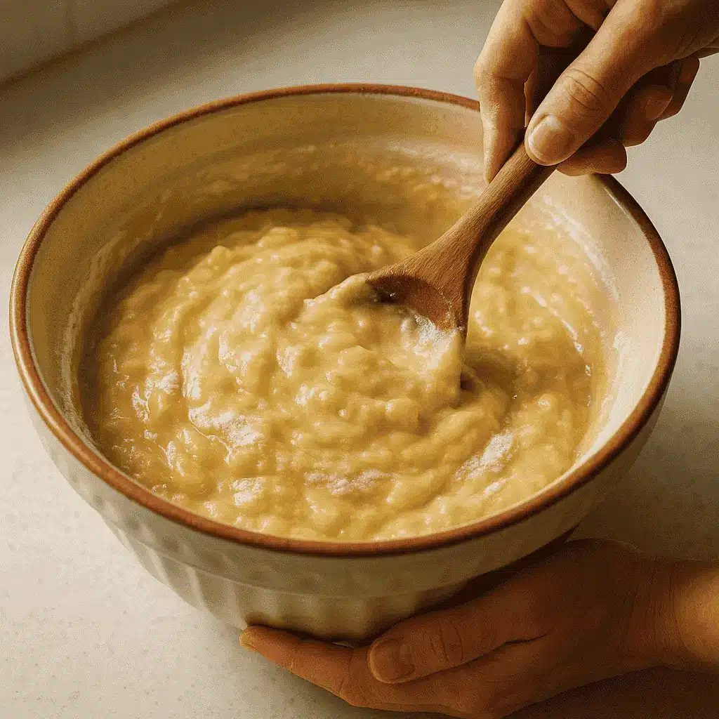 Pineapple Cake Recipe That Tastes Like Sunshine: Moist, Sweet & Easy 8 Stirring pineapple cake batter in a ceramic bowl