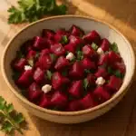 Pickled beet salad with goat cheese in a rustic bowl