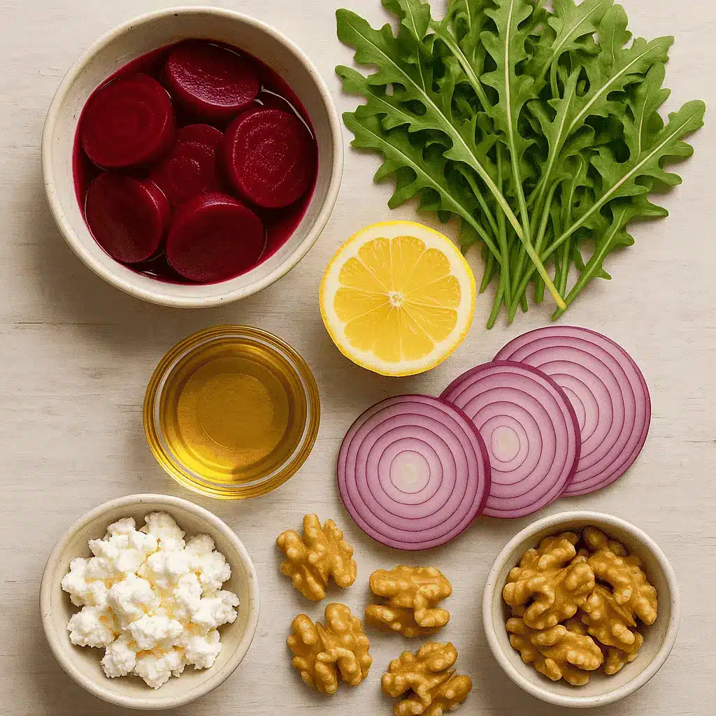 Pickled Beet Salad That’s Sweet, Tangy, and So Simple 5 Ingredients for pickled beet salad on a wood board