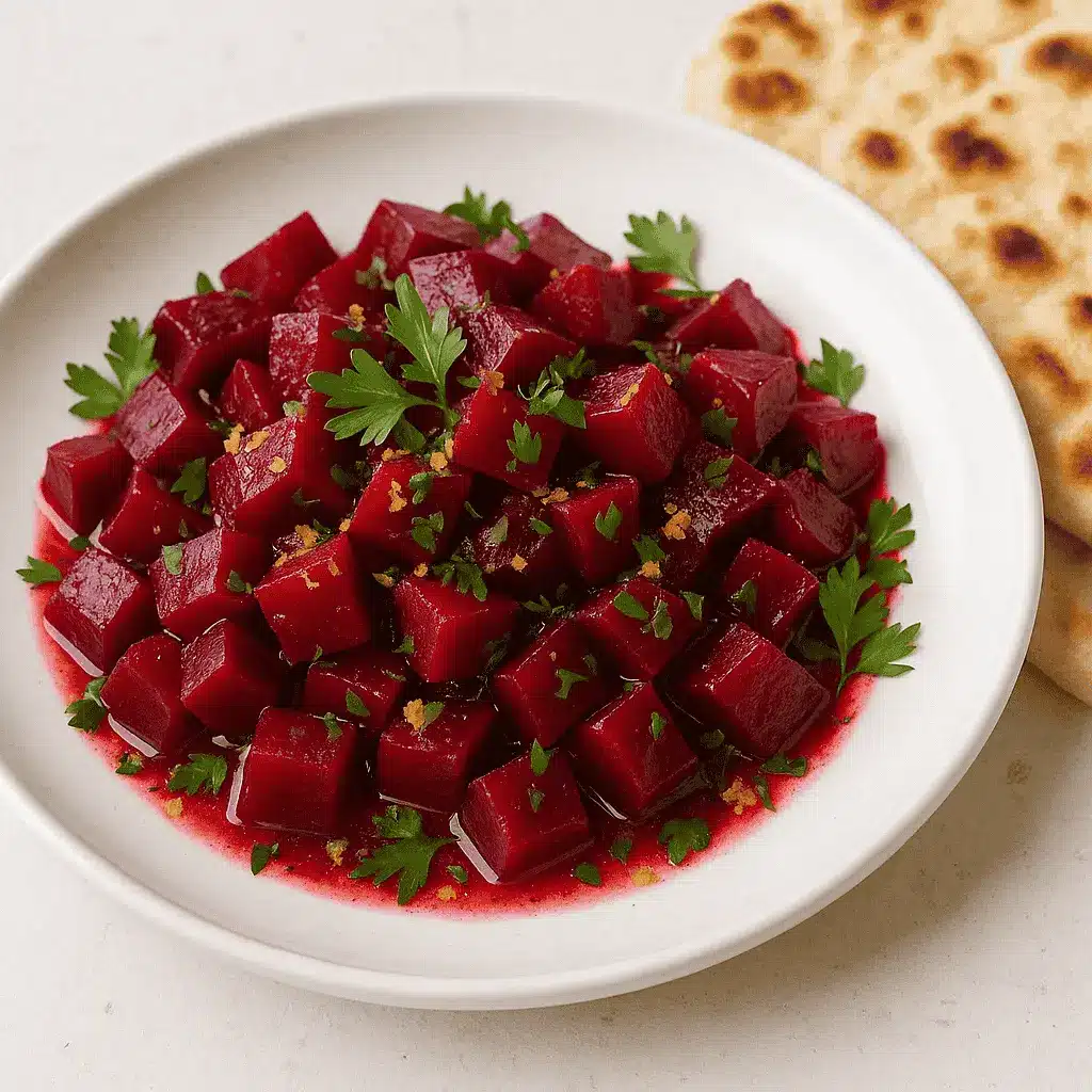 Pickled Beet Salad That’s Sweet, Tangy, and So Simple 7 Served pickled beet salad on plate with herbs