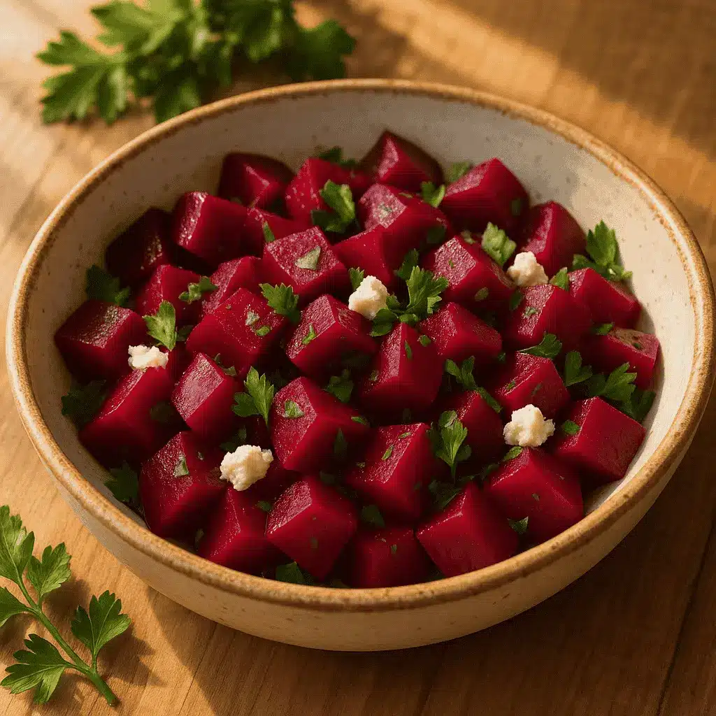 Pickled beet salad with goat cheese in a rustic bowl