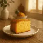 Moist pineapple cake slice on white plate with golden crumb