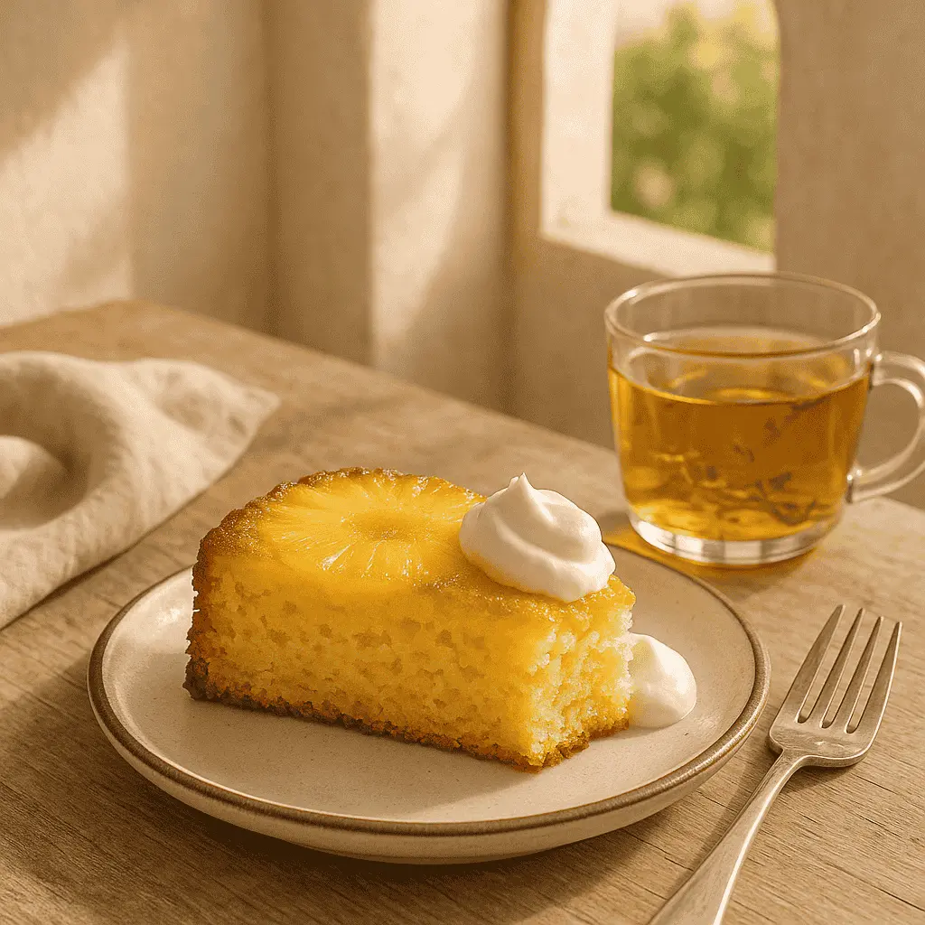 Pineapple Cake Recipe That Tastes Like Sunshine: Moist, Sweet & Easy 9 Pineapple cake slice served with whipped cream and tea