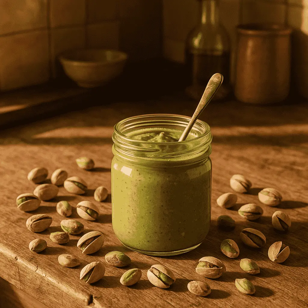 Homemade pistachio butter in a jar
