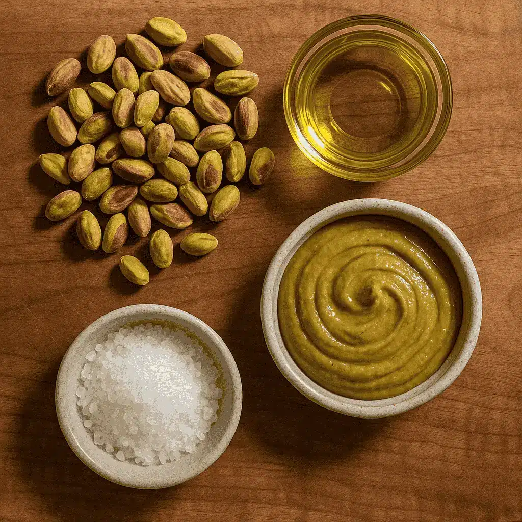 Pistachio Butter That’s Better Than Store-Bought – Easy Homemade Recipe 7 Pistachio butter ingredients on wooden board