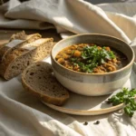 High Fiber Recipes That Actually Taste Amazing 6 Served bowl of lentil stew with bread in soft sunlight