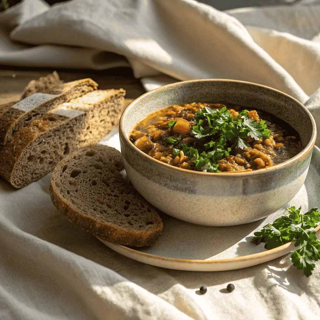 High Fiber Recipes That Actually Taste Amazing 9 Served bowl of lentil stew with bread in soft sunlight