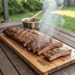 How To Smoke Ribs Recipe Smoker-Style Without Drying Them Out 7 Smoked ribs resting on wooden board with steam rising