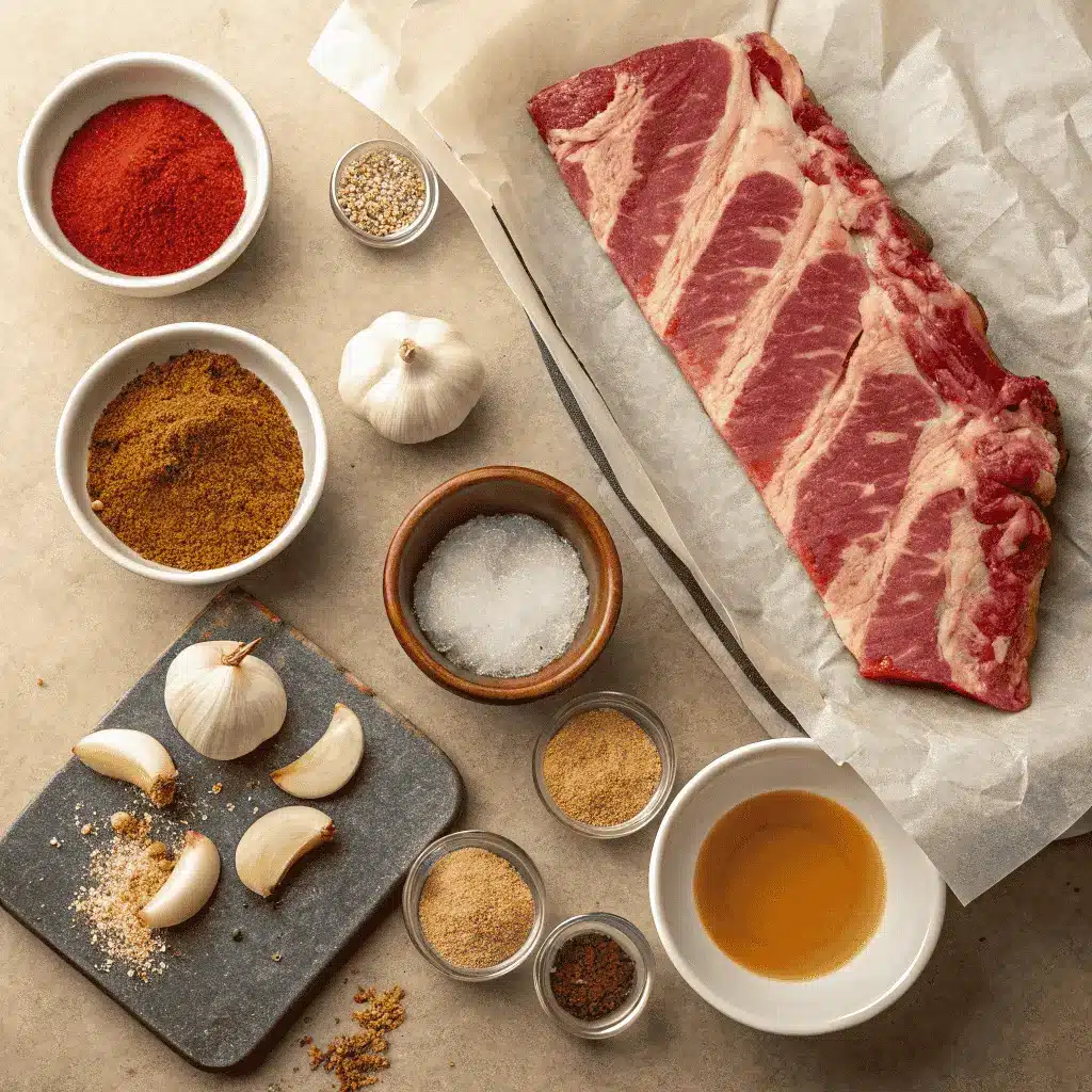 How To Smoke Ribs Recipe Smoker-Style Without Drying Them Out 8 Ingredients for smoking ribs including spices and apple juice