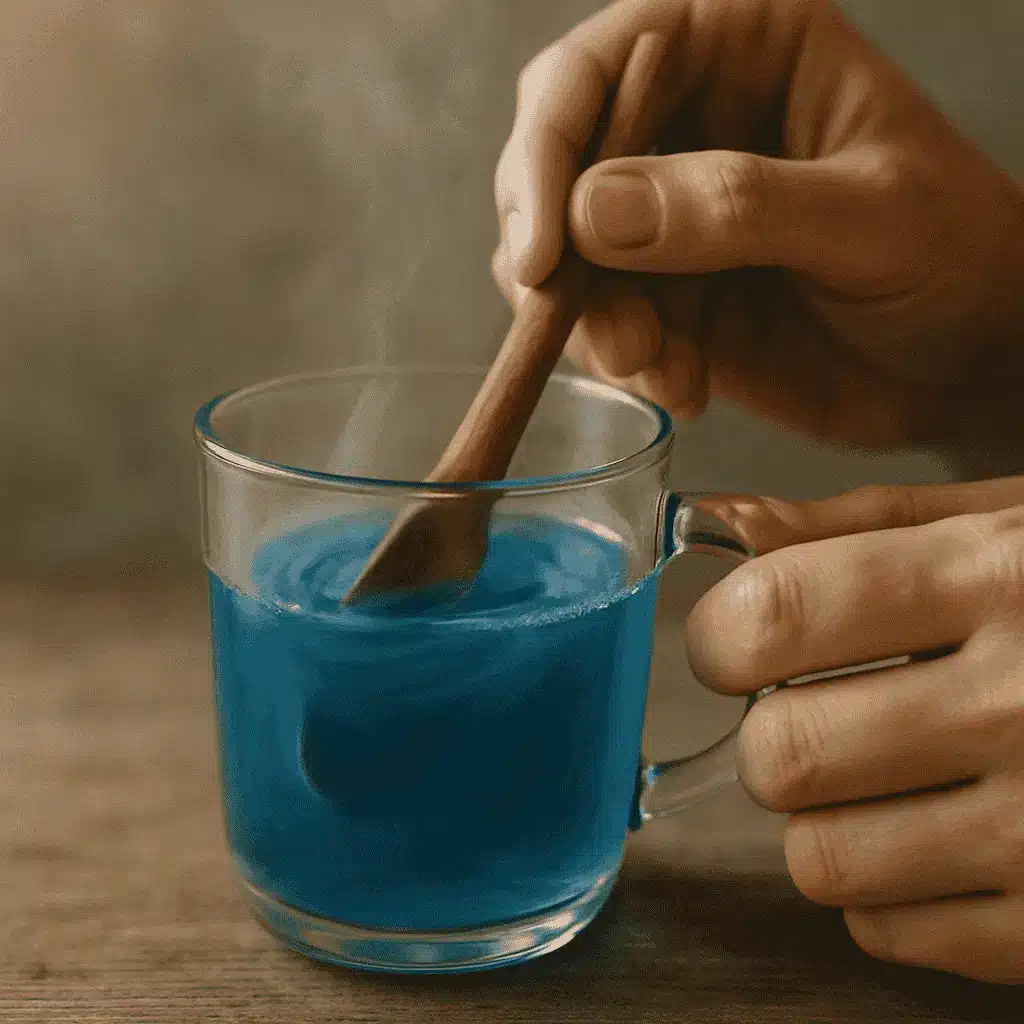 Blue Salt Trick Recipe for Energy, Circulation, and Daily Wellness 18 Stirring blue saltwater with a wooden spoon